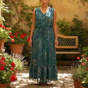 Alexa B NEW Seafoam Green Gold sleeveless Floral Tiered Botanical Maxi dress 18